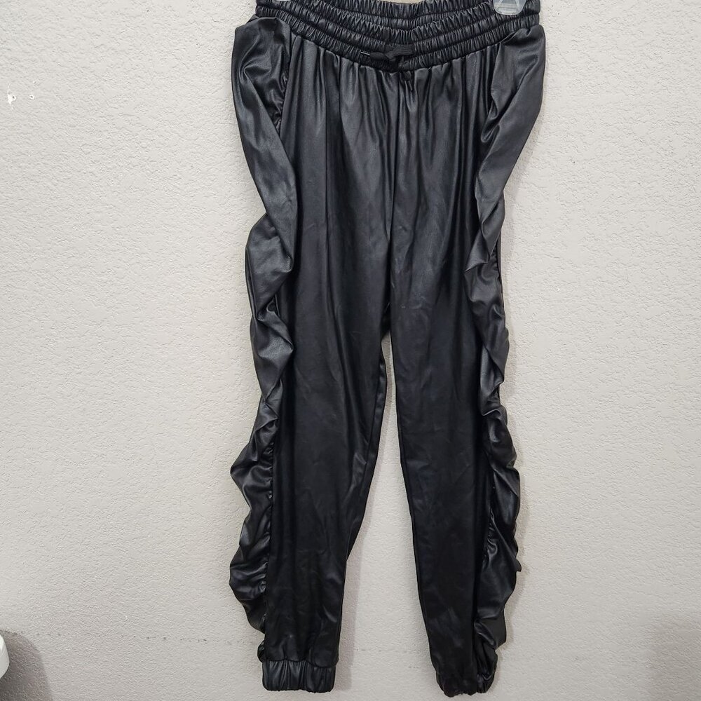 Like An Angel Faux Leather Jogger Pants Womens Medium Ruffle Black